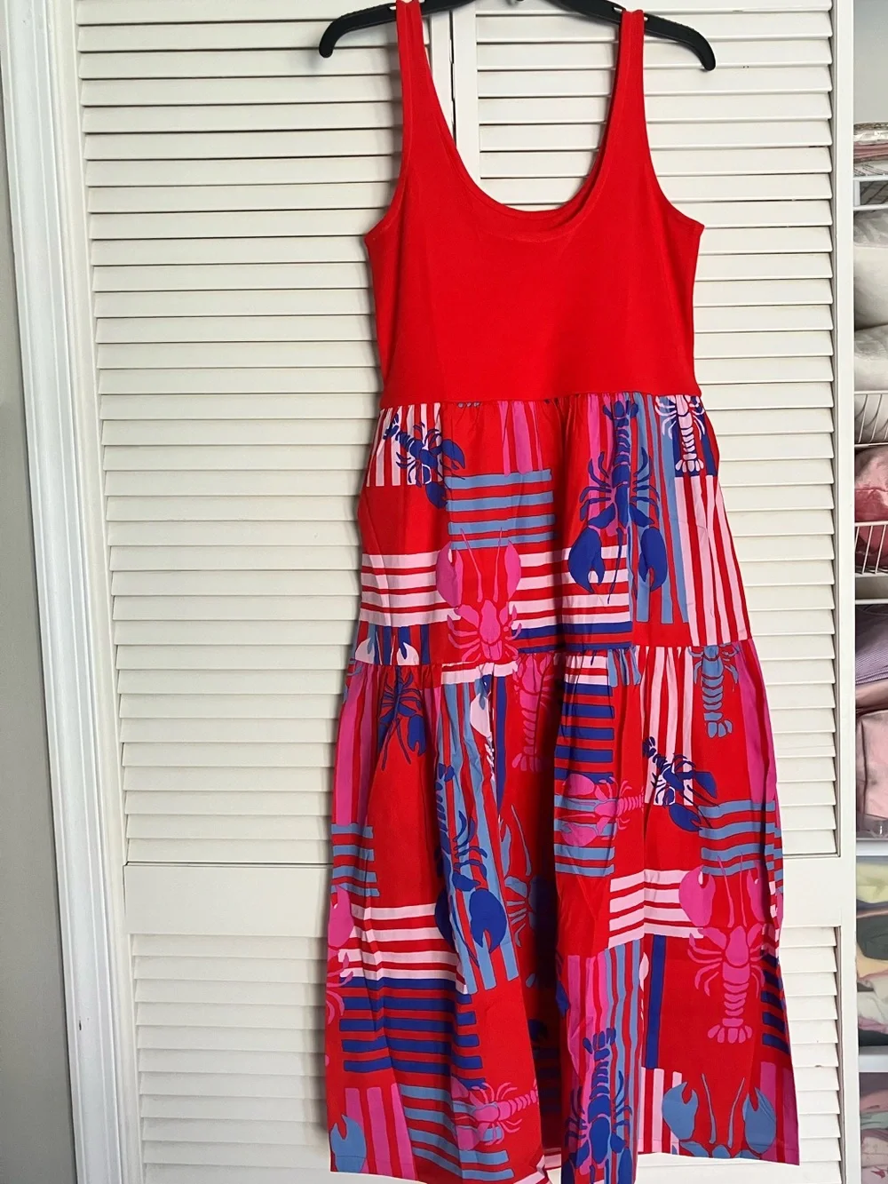 NWT J Crew Tiered mixed-media midi dress (red, pink and blue) size small